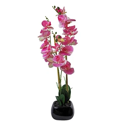 Image of Leaf 65cm Artificial Orchid Ceramic Planter, Mixed Materials, Light Pink Black, 70cm