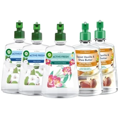 Image of Air Wick Aerosol Free Automatic Freshener Spray 24x7 Active Fresh Odour Neutraliser Lasts Up to 3x70 Days (5 Refills, Vanilla &amp; Honey Suckle x2, Cotton x2 Eucalyptus Freesia x1)