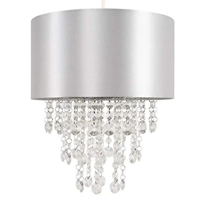Image of MiniSun Modern Grey Cylinder Ceiling Pendant Light Shade with Clear Acrylic Jewel Effect Droplets Complete a 10w LED GLS Bulb [3000K Warm White]