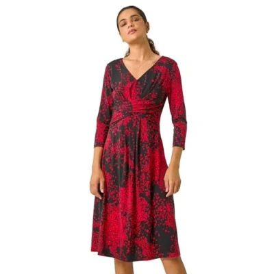 Image of Roman Originals Fit and Flare Dress for Women Ladies Chest Knot Ruched Tea Skater V Neck Formal Occasion Wedding Guest Smart Casual Everyday Wear Swing Midi Knee Length Red &amp; Noir Size 18