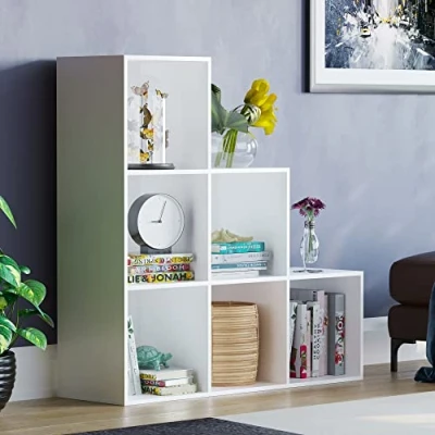 Image of Vida Designs Durham Staircase Bookcase Shelves Storage Organiser Living Room Furniture (6 Cube, White)