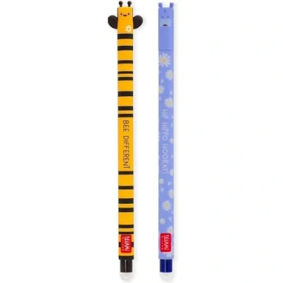 Image of LEGAMI Set of 2 Erasable Gel Pens with Thermosensitive Erase Ink, Range ink colours &amp; barrel designs, 0.7mm Tip, Bee Hippo