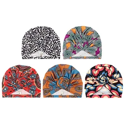 Image of DRESHOW 5 Pack Women Turban African Pattern Knot Headwrap Beanie Pre Tied Bonnet Chemo Cap Hair Loss Hat