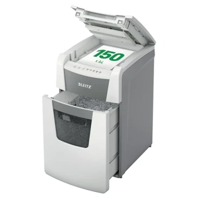 Image of Leitz IQ Autofeed Office Micro Cut Paper Shredder P5, Automatic, 150 sheet, 44 Litre Bin Capacity, White, 80140000