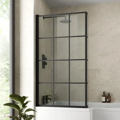 Image of LUXURA® Black Square Grid Over Bath Shower Screen Door 6mm Clear Toughened Safety Glass Panel Bathroom Hinged Screens 1430 x 785mm with Return
