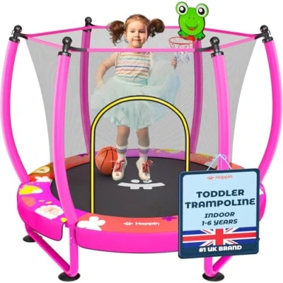 Image of Happin® 55 Toddler Trampoline Indoor &amp; Outdoor Playset Ages 1 6, 5FT Kids Trampoline, Ultra Safe Mini for with Safety Enclosure Net, Gifts Birthday Basketball Hoop