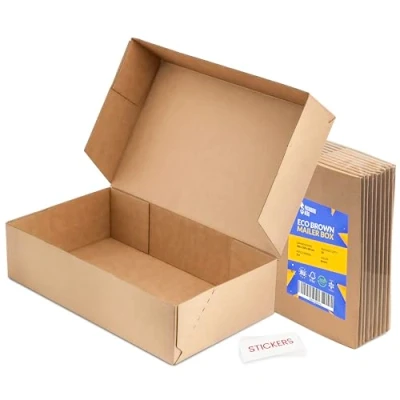 Image of Packaging Hero 12&quot; x 8&quot; 3&quot; Corrugated Cardboard Mailing boxes, shipping gift e commerce boxes with free clear round stickers (Pack of 10)