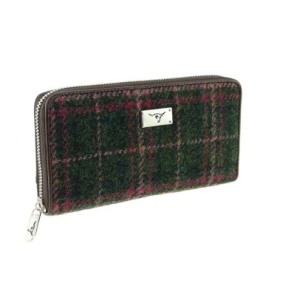 Image of Glen Appin of Scotland Harris Tweed Large Zip Purse LB2100 Staffa (Col 107 Green Plum Check)