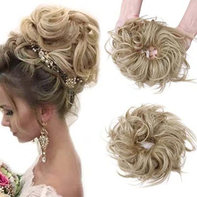 Image of Messy Hair Bun Chignons Synthetic Extensions Wavy Donut Updo Scrunchy Curly Hairpieces Ash Blonde