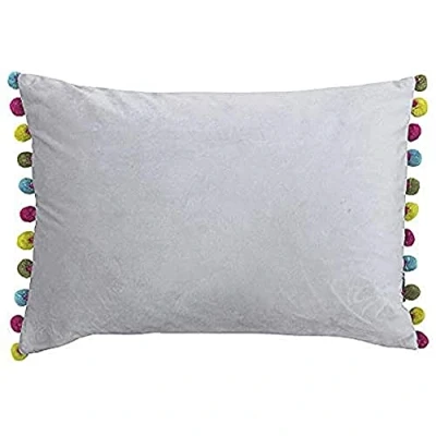 Image of Riva Paoletti Fiesta Rectangular Feather Filled Cushion Silver Multicoloured Pompom Edges Faux Velvet Fabric Discreet Zip Closure 100 Case (14&quot; x 20&quot; inches), Polyester, Dove/Multi, 35 50cm