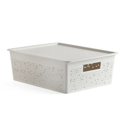 Image of TATAY Set of 12L Rectangular Organiser Box and Lid Bohol, Polypropylene, BPA Free, 100% Recycled Plastic, White. Measures 30.5 x 39.5 13.5 cm