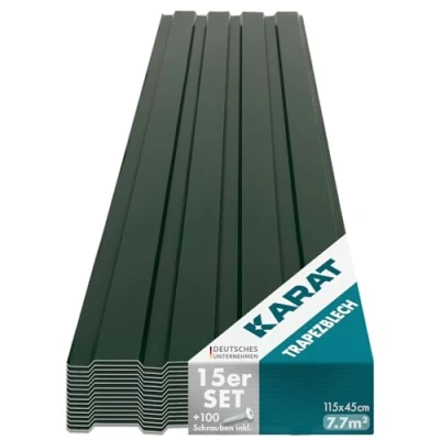 Image of KARAT Metal Roofing Sheets 115 x 45 cm (Pack of 15) 7.7 m² Corrugated Roof Sheeting Plates Cladding for Garage, Shed, Carport and Greenhouse, Galvanised Coated, Green (incl. 30x Screws)