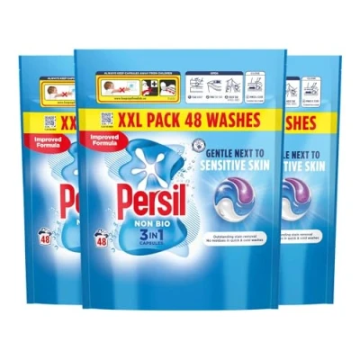 Image of Persil XL 3 in 1 Washing Capsules Outstanding Stain Removal with No Residues Even Quick and Cold Washes 7 Days of Lasting Freshness Pods 48 (Buy 3, Non Bio)