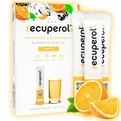 Image of Recuperol Electrolytes Sachets Powder for Rehydration 6 Sugar Free Hydration Zinc, Vitamin C, B12, D3, Potassium Natural Orange Flavour