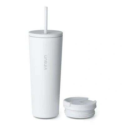 Image of VINSUN Travel Mug with Straw 720ml Stainless Steel Thermal Mug, Leakproof, Double Walled Insulated White Tumbler and Lid for Hot &amp; Cold Drinks