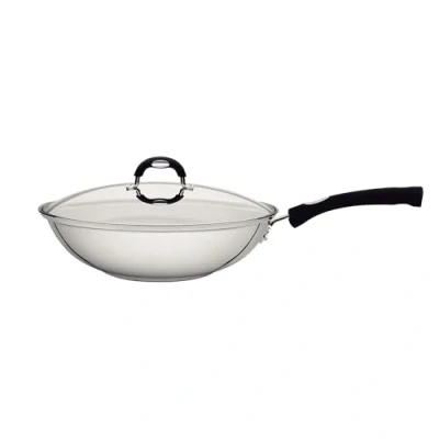 Image of Tramontina Stainless Steel Wok with Glass Lid 28 cm (3.3 Litre) Induction Ready Silicone Comfortable Handles Dishwasher Safe 62138/280
