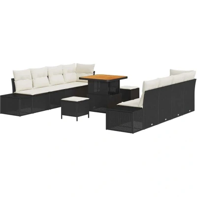 Image of vidaXL 11 Piece Garden Sofa Set with Cushions Black Poly Rattan Acacia