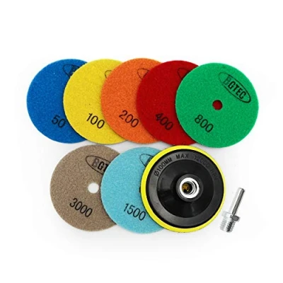 Image of BGTEC 100mm Diamond Dry Polishing Pads for Granite Marble Mixed Grits 7pcs with 1pc M14 Plastic Backer and Round Shank Adapter