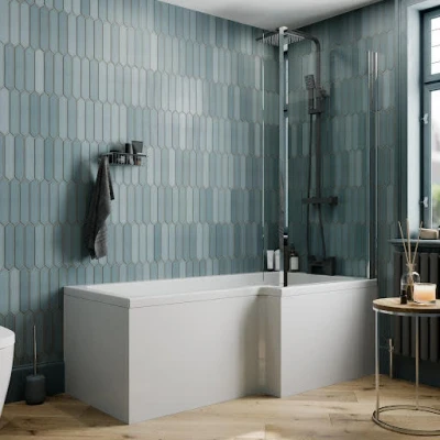 Image of Ceramica L Shaped Shower Bath Bundle 1500mm Right Hand Inc. Screen &amp; Front And End Panel