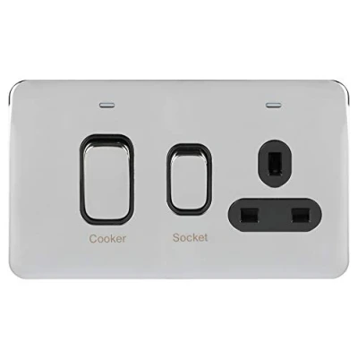 Image of Schneider Electric Lisse Screwless Deco Switched Cooker Control Unit, with 13A Single Power Socket, Double Pole, Neon Indicator, D45A, GGBL4001BPC, Polished Chrome Black Insert