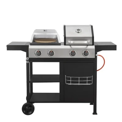 Image of 3 Burner Gas BBQ with Built In Thermometer, Folding Side Shevles, Intergrated Tool Hooks, Bottle Opener, Condiment Tray, Warming Rack, Portable (3 1 w/Pizza Oven &amp; Planca)