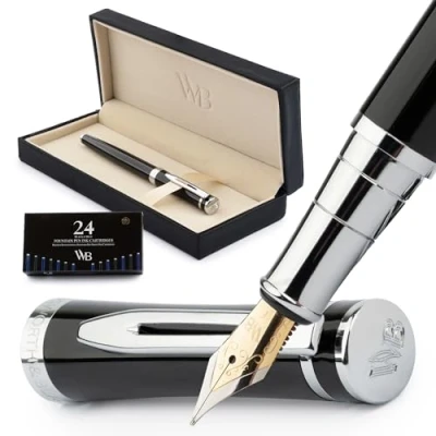 Image of Wordsworth &amp; Black Fountain Pen Set, 18K Gilded Fine Nib, Includes 24 Pack Ink Cartridges, Refill Converter Gift Box, Gold Finish, Calligraphy, [Black Chrome], Perfect for Men Women