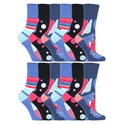 Image of Gentle Grip 12 pack ladies patterned wide top socks in 20 styles (SOLRH190)