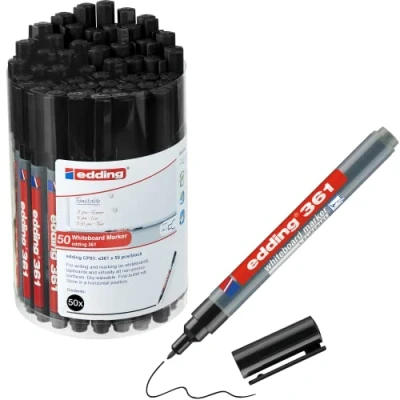 Image of edding 361 whiteboard marker black 50 pens round tip 1 mm pen dry wipe for whiteboards, flipcharts, pinboards, magnetic and memo boards sketchnotes refillable