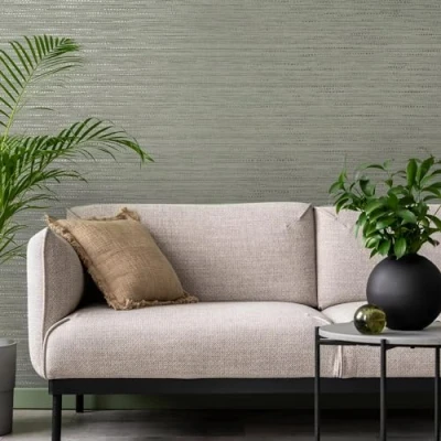 Image of Boutique Chunky Weave Textured Plain Sage Green/Sage Wallpaper Paste The Wall Contemporary Metallic Design Feature or 4 Suitable for Any Room Cover Small Cracks