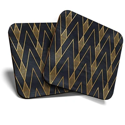 Image of 2 x MDF Glossy Top Coasters Square Black &amp; Gold Geometric Art Deco 12545
