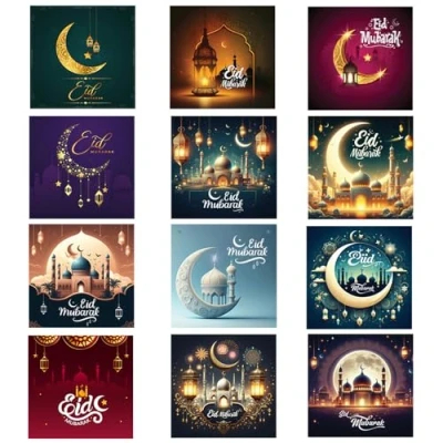 Image of Papa Prints Happy Eid Card Pack of 12 Mubarak Cards Multipack (145 x 150 mm) Kids with Envelopes Ramadan