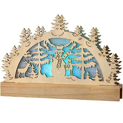 Image of WeRChristmas Pre Lit Wooden Snowman and Reindeer Silhouette with Colour Changing LED Lights, 23 cm Multi