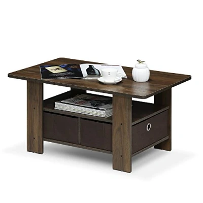 Image of Furinno Andrey Coffee Table with Bin Drawer, Columbia Walnut/Dark Brown