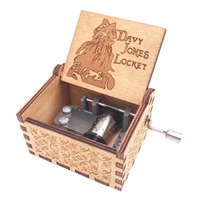 Image of Davy Jones Locket Music Box Hand Crank Musical Carved Wooden,Play Jone&#039;s Theme,Brown