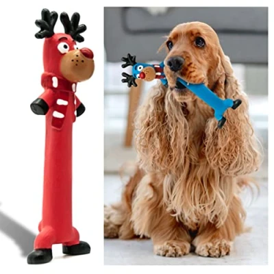 Image of Petopedia 10&quot; Long Squeaky Dog toys LATEX Chew Standing Stick Gifts Reindeer Rudolph Teething Puppy Fetch Interactive for Boredom Small Medium pet (Red, Rudolph)