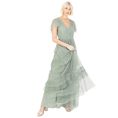 Image of Anaya with Love Ladies Maxi Dress for Women Short Sleeve Evening Ball Gown Tiered V Neck Bow Tie Bridesmaid Wedding Guest Prom Long ,Frosted Green,16