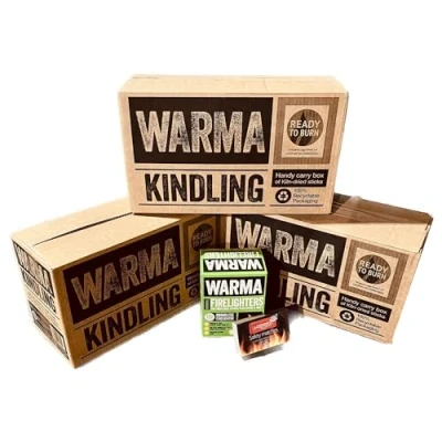 Image of 3 Large Boxes Warma Kiln Dried Kindling &amp; 1 Box Eco Wood Wool Firelighters with Pack of Matches Firestarter Bundle Suitable for Lighting BBQ Barbecue Fire Pit Stoves Open Fires