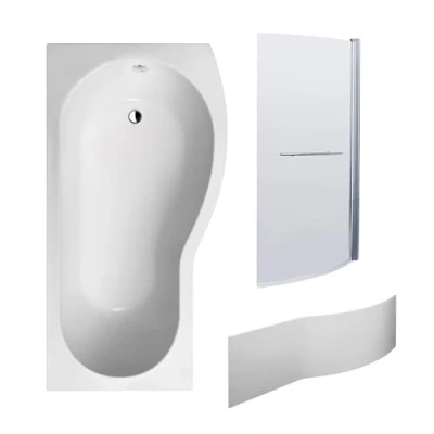 Image of Balterley 1700 x 900mm B Shape Shower Bath with Leg Set, Chrome Screen Towel Rail &amp; Panel, Left Hand Single Ended Gloss White Soaking Baths, Acrylic Baths (White)