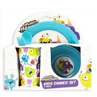 Image of Plastic Monsters Kids Dinner Plate Bowl Tumbler Fork &amp; Spoon Set