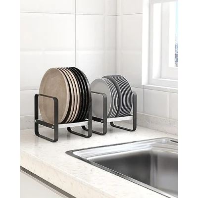 Image of Baffect 2 Pack Metal Plate Rack, Dish Draining Black Drying Pan Rack Holder Stand for Kitchen Cupboards Organiser Thin Bakeware Baking Tray Pot lid