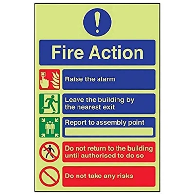 Image of V Safety Glow In The Dark 5 Message Risks Fire Action Notice Sign 200mm x 300mm Rigid Plastic