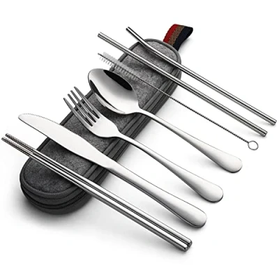 Image of DEVICO Camping Cutlery, Travel Cutlery Set with Case, Portable Stainless Steel Utensils Include Knife Fork Spoon Chopsticks Straws Brush (Silver)
