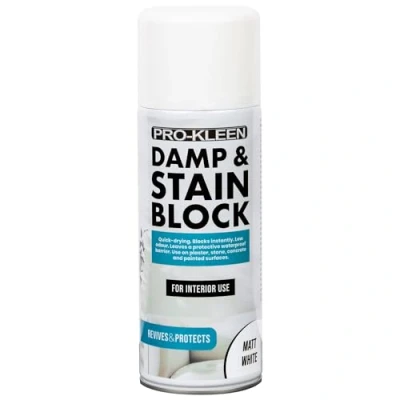 Image of Pro Kleen Damp &amp; Stain Anti Mould Block Spray Paint Primer White Matt 500ml Covers Damp, Grease, Nicotine Rust Stains for Walls Ceilings Leaves a Waterproof Barrier