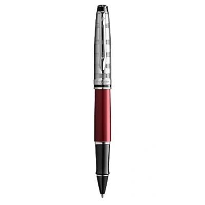 Image of Waterman Expert Deluxe Rollerball Pen Dark Red with Chiselled Cap Fine Point Black Ink Gift Box