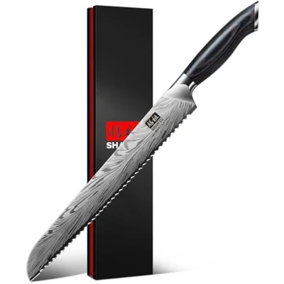 Image of SHAN ZU 10&quot; Premium Bread Knife in Powder Steel, Japanese Serrated Kitchen Knives High Carbon 63 HRC Slicer Professional 12Sharp Longer Blade Chef Pastry with Comfortable Handle
