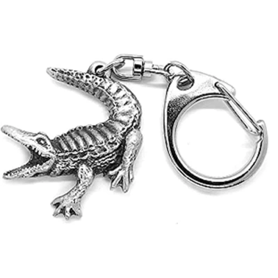 Image of Crocodile Push Gate Keyring with a Grey Burlap Pouch