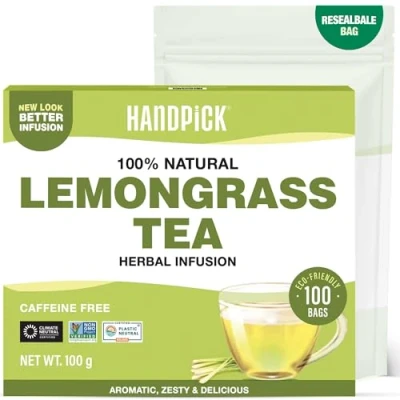 Image of HANDPICK, Lemongrass Tea Bags (100 Count) Non GMO, Caffeine Free Quality Herbal Eco conscious Round Brew Hot or Iced