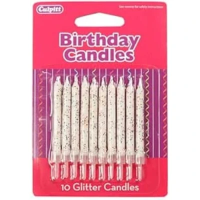 Image of CULPITT Glitter Cake Candles, 100 Pack, White, Birthday Candle for Cakes &amp; Cupcakes with Clear Holder, Add Some Sparkle to Birthdays, Anniversaries, Special Occasions 10 Packs of Candles