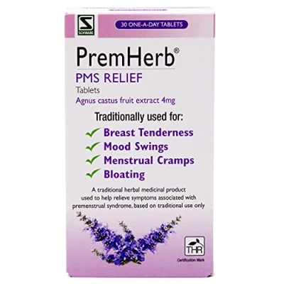 Image of Schwabe Pharma Premherb PMS Relief Agnus Castus Fruit Extract 4mg Traditionally Used for of Breast Tenderness, Mood Swings, Menstrual Cramps, Bloating 30 Tablets