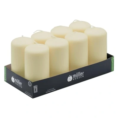 Image of Müller Unscented Pillar Candles Set of 8 Ivory in Bulk 5,7 x 12 Cm 32 Hours Long Burning Decorative Dripless Wax Smokeless Wick RAL Quality Made Germany